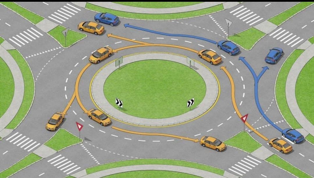 Cirkulationsplats med pilar som visar hur man ska köra