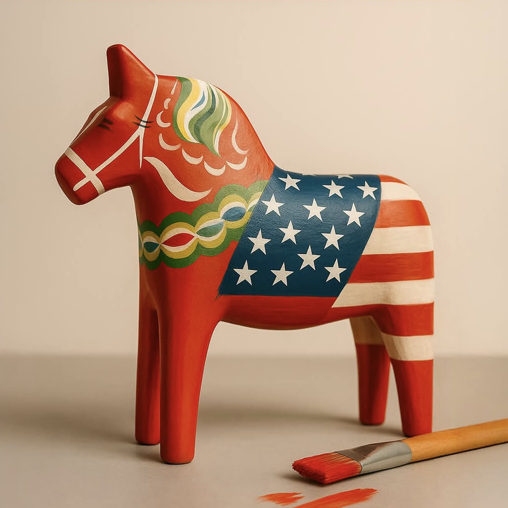 Dalahäst med flagga för USA