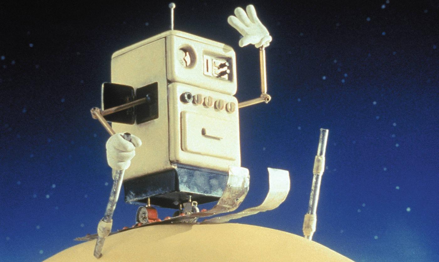 Robot som åker skidor på månen i Wallace och Gromit